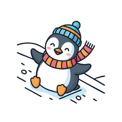 A cute cartoon penguin wearing a colorful winter hat and scarf happily sliding down a snowy slope.