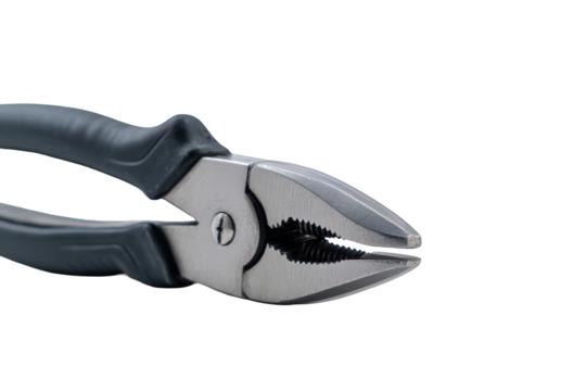 Closeup of Grey Metal Pliers with Black Grips on Transparent Background