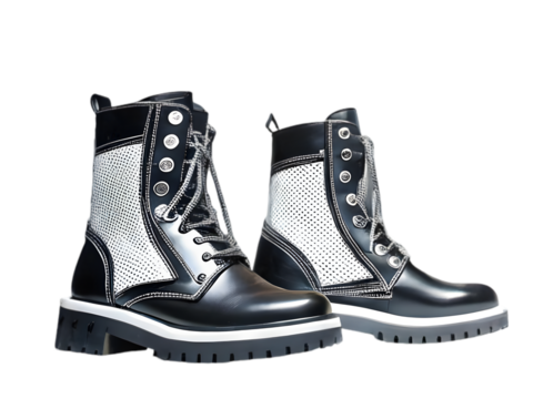 Black leather boots with white perforated panels and silver hardware isolated on a transparent background
