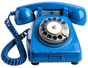 Photo of an old vintage blue rotary dial phone with receiver and a spiral cord isolated on white or transparent background, png file