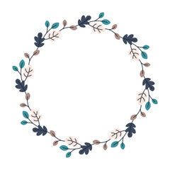 Winter botanical frame with oak leaves, branches. Forest round border. Vector illustration for invitations, cards, woodland decor.