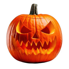 Carved pumpkin with scary grin, isolated on white and transparent background.
