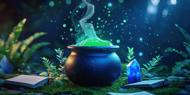 Enchanted cauldron bubbling in a mystical forest setting