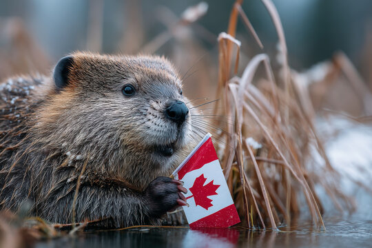 A beaver holding the Canadian flag, celebrating Canadian Independence Day.