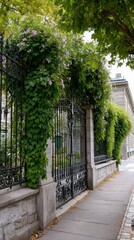 Obraz premium Elegant iron gate with lush greenery and pink flowers on urban street