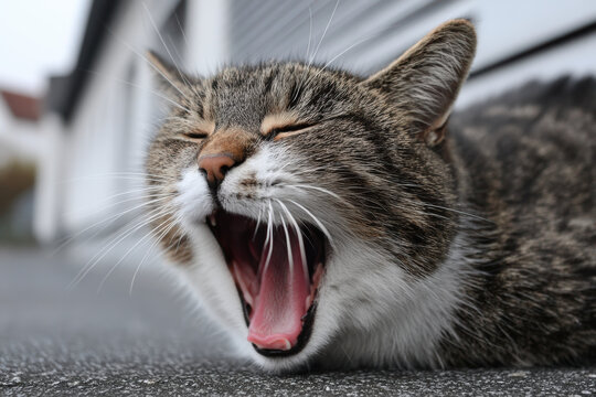 A close-up portrait of a yawning tabby cat, revealing its pink tongue and teeth.