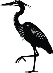 Black Heron Silhouette Standing on One Leg with Long Neck and Beak, Stylized Feathers, Wetland Bird Vector Illustration
