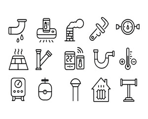Fototapeta premium Set of heating, plumbing, ventilation, conditioning line icons. Home renovation, improvement and repair