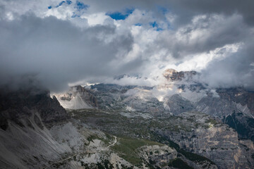 Beautiful sunny day in Dolomites mountains. View on Tre Cime di Lavaredo