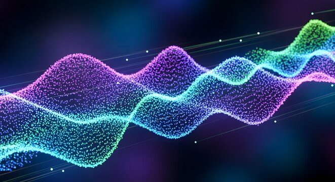 Abstract digital wave with glowing particles, visualizing data flow or sound spectrum analysis. Dynamic illustration of information, technology, and interconnected networks