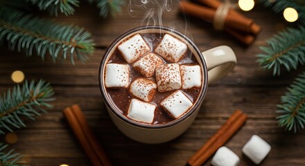 Steaming hot chocolate with marshmallows cinnamon sticks and pine branches arranged on a wooden surface