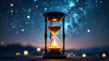 Hourglass against a cosmic backdrop symbolizing the passage of time and eternity
