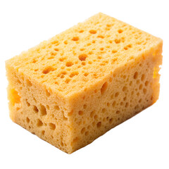 A rectangular orange sponge with a porous texture, isolated on a transparent background, commonly used for cleaning and washing