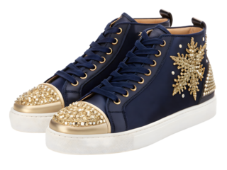 Embellished navy high top sneakers with gold accents isolated on a transparent background