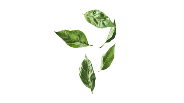 Vibrant green leaves gently falling, Isolated on white background