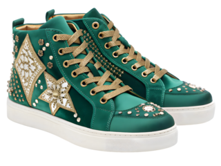 Emerald green satin high top sneakers with gold accents and embellishments isolated on a transparent background