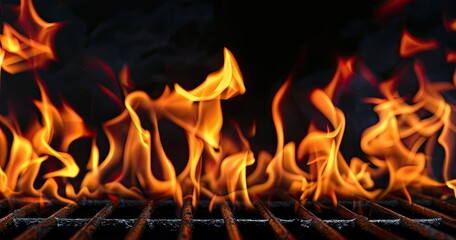 Vibrant flames dancing above a grill, set against a dark background, creating a warm atmosphere