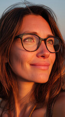 Obraz premium Woman with glasses smiling at sunset, capturing a moment of tranquility and joy at the shoreline.