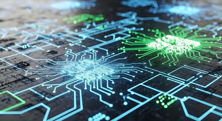 Futuristic motherboard with glowing green and blue microchips visualizing data processing, artificial intelligence, and digital innovation