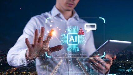 Dynamic professional interacting with cutting-edge AI interface, visualizing data and communication streams against a vibrant cityscape backdrop, symbolizing digital innovation and future technology.