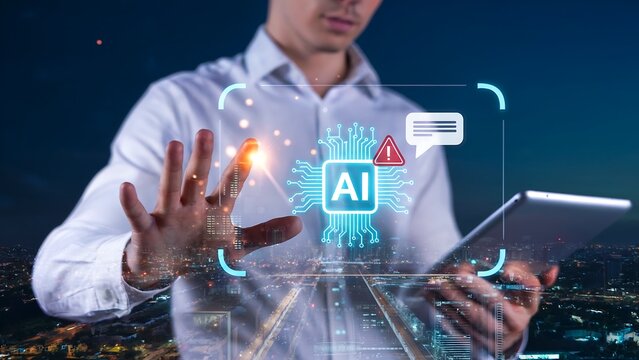 Dynamic professional interacting with cutting-edge AI interface, visualizing data and communication streams against a vibrant cityscape backdrop, symbolizing digital innovation and future technology. - Powered by Adobe