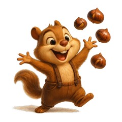 Naklejka premium Joyful cartoon chipmunk in brown overalls juggles hazelnuts with wide smile, fluffy tail raised, on clean white background with soft shadow, cheerful autumn harvest atmosphere