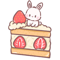 Cute bunny sitting on top a sliced strawberry short cake dessert clipart adorable pastel illustration perfect for invitations greeting cards scrapbooking and craft projects