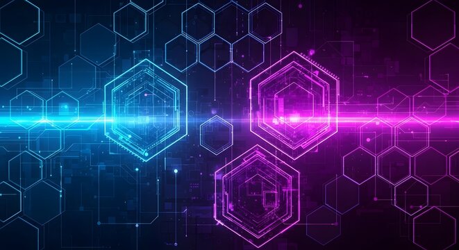 Vibrant digital background with glowing blue and pink hexagonal patterns. Abstract cyberspace concept of network, data transfer, and futuristic technology