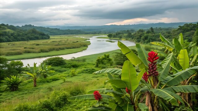 Vibrant green rice fields in Thailand and Vietnam with red flowers and blue sky stretching toward lush mountains222111DDZZ - Powered by Adobe