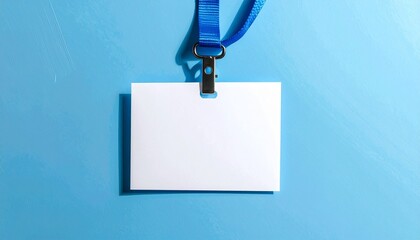 Blank white ID badge with blue lanyard on a light blue surface