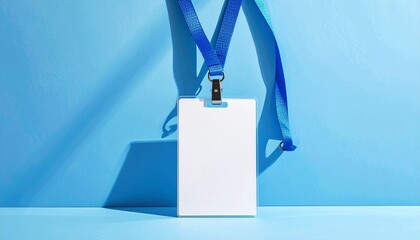 Blank white ID badge with blue lanyard on a light blue surface