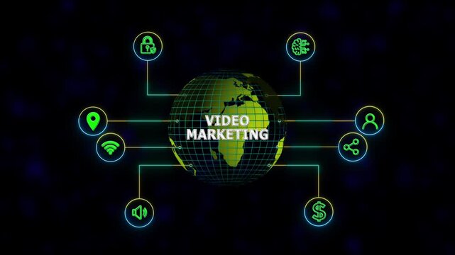 Video marketing and advertising concept ,new business concept ,tee icon attached around the map features the concept of network and technology confirmed. the map is rotating ,specify all icons