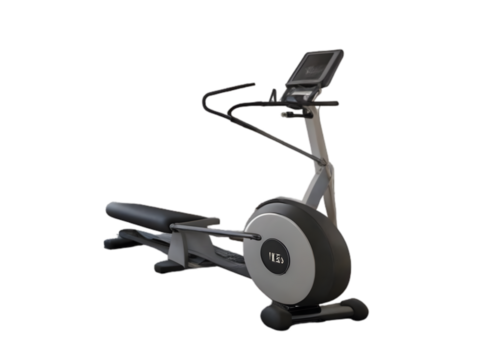 Sleek elliptical trainer with digital display and padded seat isolated on a transparent background