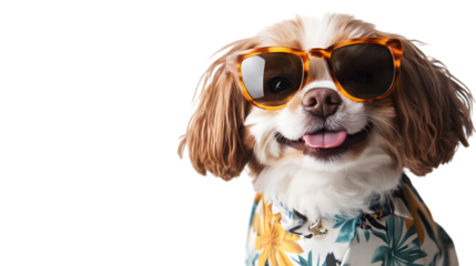 Joyful dog wearing stylish sunglasses and a tropical shirt, ready for fun summer adventures, Isolated on white background