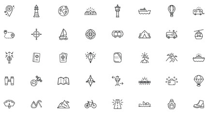 Travel and tourism icons vector set adventure vacation trip journey destination line art style graphic design