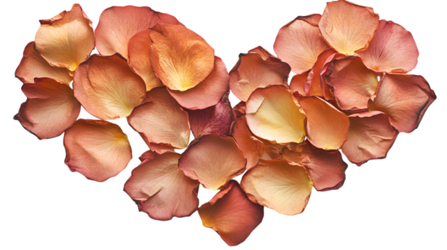 Rose petals artfully arranged in a warm heart shape, Isolated on white background
