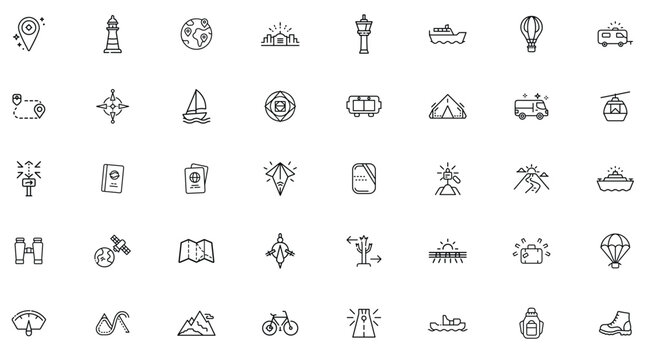 Travel and tourism icons vector set adventure vacation trip journey destination line art style graphic design