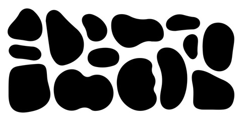 Black organic oval and round shapes set. Blob and spot deform silhouettes. Unique black and white cowhide pattern with irregular shapes and designs. Set of black organic, irregular, and amorphous. © Azadur