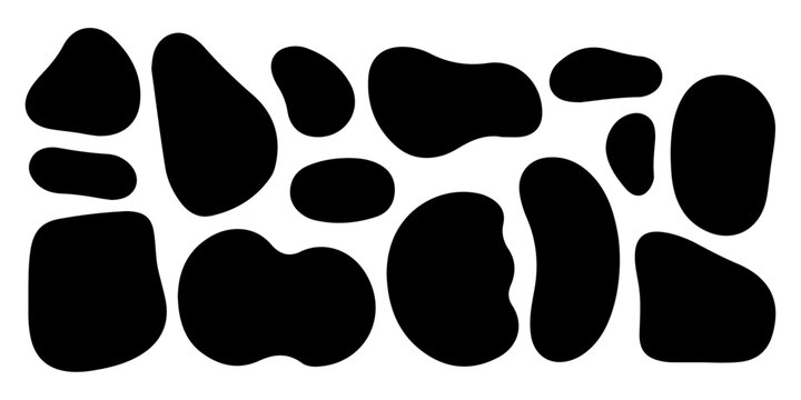 Black organic oval and round shapes set. Blob and spot deform silhouettes. Unique black and white cowhide pattern with irregular shapes and designs. Set of black organic, irregular, and amorphous.