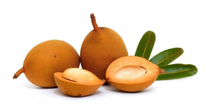 Sapodilla fruits, ripe and ready to eat, with one cut open to reveal the seed and flesh.