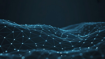 Abstract glowing digital network of interconnected nodes and lines representing data flow and technology on a dark background