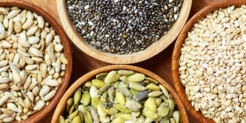 A vibrant assortment of seeds in wooden bowls, perfect for a nutritious and delicious meal.