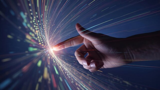 Fingertip touching glowing digital data streams