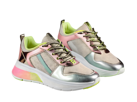 Women's athletic footwear with metallic accents and vibrant soles isolated on a transparent background - Powered by Adobe