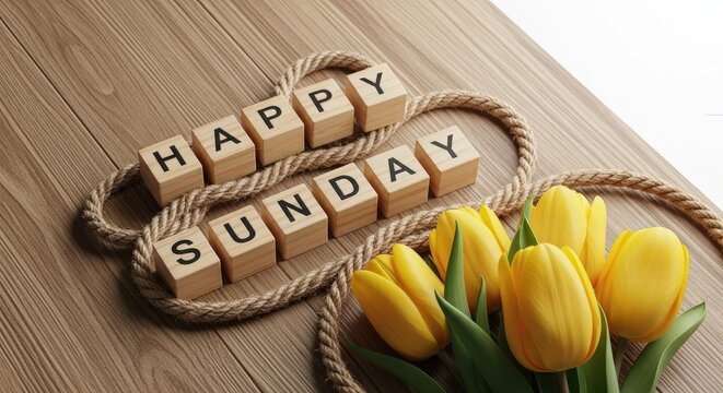 Happy Sunday Blocks with Tulips Floral Wooden background Still Life