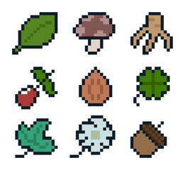 8-bit pixel art RPG game style herb and plant set including leaves, mushrooms, roots, berries, seeds, and flowers for retro fantasy adventure role playing game alchemy and potion assets