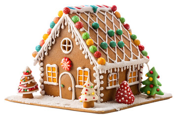 Homemade gingerbread house decorated with white snowy conifer forest scene, model fir trees, icing sugar snow, on transparent background