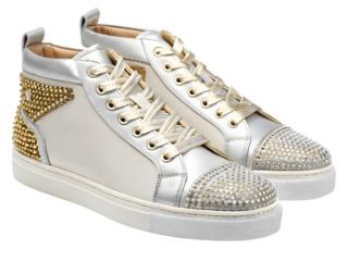 White leather high top sneakers with gold stud accents and crystal embellished toe caps isolated on a transparent background