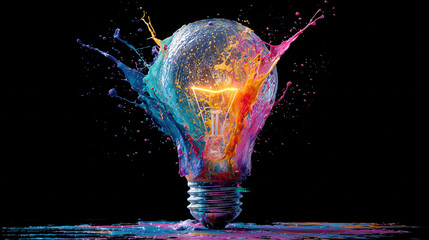 Glowing Glass Light Bulb Exploding with Colorful Paint Splashes on Black Background for Creative Idea Concept