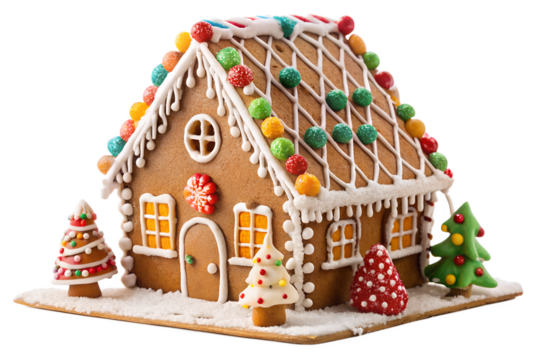 Homemade gingerbread house decorated with white snowy conifer forest scene, model fir trees, icing sugar snow, on transparent background